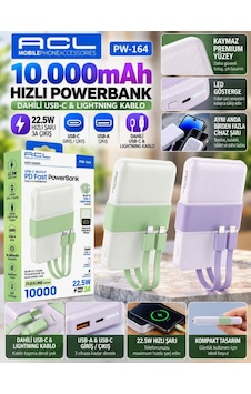 Acl Pw-164 10000 Mah 22.5w Hızlı Şarjlı Dahili Kablolu Powerbank Type-c Ve Lightning Kablolu, Pd Fast Yeşil Acl Pw-164 10000 Mah 22.5w Hızlı Şarjlı Dahili Kablolu Powerbank Type-c Ve Lightning Kablolu, Pd Fast Yeşil