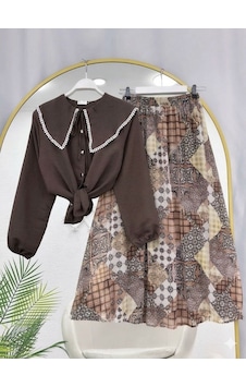 Lovie Moda Kadın Beyaz Fisto Gömlek Beli Lastikli Desenli Şifon Etek Takım - Kahverengi