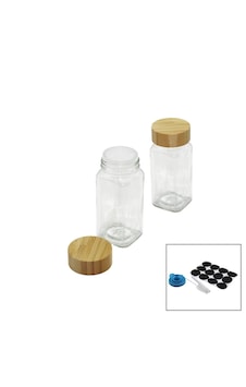 Lunaev 12 Pcs Takım Kare Cam Baharatlık - Tuzluk Bambu Kapaklı Açık Bej