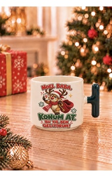 Mesela Yılbaşı Kupası Noel Baba Konum At Desenli Kırmızı Kulplu Hediyelik Kahve T Kupa Bardak Beyaz