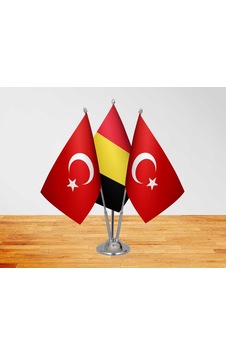 Masa Üstü Belçika Bayrağı Türk Bayrağı + Üçlü Direk Masa Bayrağı