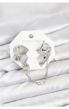 Mey İthalat Pirinç Gümüş Renk Yılan Model Zincir Bağlantılı Ear Cuff Küpe Seti Çok Renkli