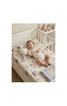 %100 Pamuk Bebek Lastikli Çarşaf Ve Yastık Kılıfı Takımı - Yağmur Ve Gökkuşağı Desenli 70x120 Cm Beyaz - 904891162