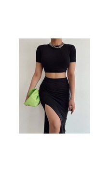 Thiqe Butik Yandan Yırtmaçlı Etek Crop Takım Siyah