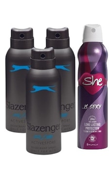 Slazenger Active Sport Mavi Erkek Sprey Deodorant 3 x 150 ML + She Sexy Kadın Sprey Deodorant 150 ML Slazenger Active Sport Mavi Erkek Sprey Deodorant 3 x 150 ML + She Sexy Kadın Sprey Deodorant 150 ML