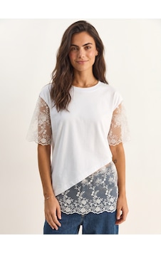 Onloox Kadın Beyaz Beyaz Pamuklu Bisiklet Yaka Relaxed Fit Dantel Garnili Asimetrik Kesim Kısa Kollu T-shirt Onloox Kadın Beyaz Beyaz Pamuklu Bisiklet Yaka Relaxed Fit Dantel Garnili Asimetrik Kesim Kısa Kollu T-shirt