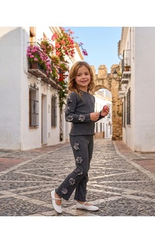 Ponki Çiçek Aplikeli Gri Kız Çocuk Fitilli İspanyol Paça Takım Ponki Çiçek Aplikeli Gri Kız Çocuk Fitilli İspanyol Paça Takım
