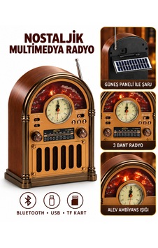 Nostaljik Multimedya Radyo Bluetooth, Usb, Tf Kart, 3 Bant Ve Solar Şarjlı Nostaljik Multimedya Radyo Bluetooth, Usb, Tf Kart, 3 Bant Ve Solar Şarjlı