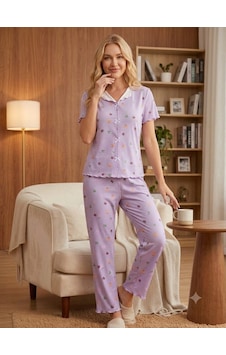 Kadın Kısa Kollu Yumuşak Tuşe Yazlık Likralı Kaşkorse Kumaş Pijama Takım Lila Kadın Kısa Kollu Yumuşak Tuşe Yazlık Likralı Kaşkorse Kumaş Pijama Takım Lila