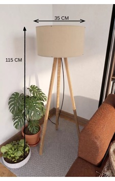 3 Ayaklı Tripod Lambader Bej Kumaş Başlık .