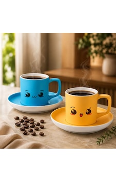 Bk Gift 2'li Turkuaz Ve Sarı Renkli Emoji Yüz Tasarımlı Seramik Türk Kahvesi Fincanı Takımı-8 Çok Renkli Bk Gift 2'li Turkuaz Ve Sarı Renkli Emoji Yüz Tasarımlı Seramik Türk Kahvesi Fincanı Takımı-8 Çok Renkli