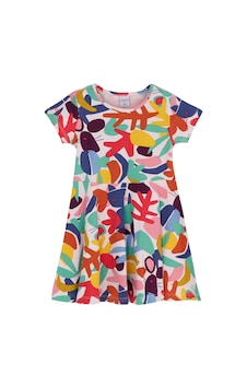 Lovetti Kız Çocuk Cutouts Foliage Desen Kısa Kol Kloşe Etek Elbise 5910-124 Çok Renkli