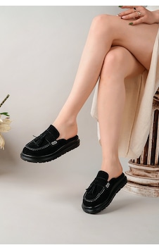 Bahrina Kadın Siyah Süet Loafer Püsküllü Terlik Siyah Süet