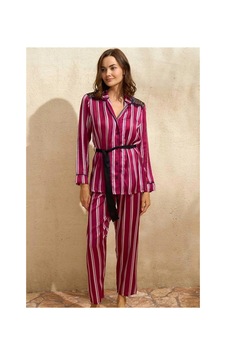 Kapsulavm Saten Çizgili Düğmeli Uzun Kol Dantelli Gömlek Ve Pantolon Pijama Takım 9765 Bordo