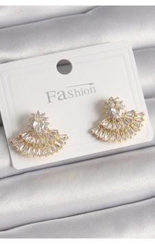 Pirinç Gold Renk Zirkon Taşlı Yelpaze Model Kadın Küpe - Gümüş Pirinç Gold Renk Zirkon Taşlı Yelpaze Model Kadın Küpe - Gümüş