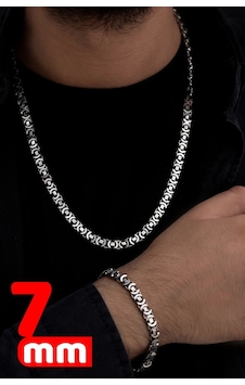 Erkek Gümüş Kolye Bileklik Set - 7mm Euro Kral Zincir Oksitli Mod Erkek Gümüş Kolye Bileklik Set - 7mm Euro Kral Zincir Oksitli Mod