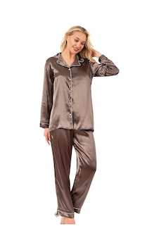 Ahu Biyeli Uzun Kol Saten Önden Düğmeli Pijama Takımı Haki 7647 Haki Ahu Biyeli Uzun Kol Saten Önden Düğmeli Pijama Takımı Haki 7647 Haki