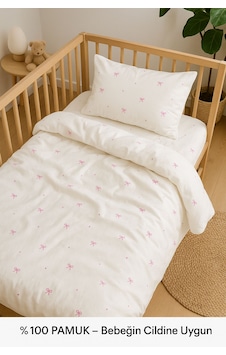 Uçkan Home %100 Pamuk Bebek Nevresim Seti Cilt Dostu 002 Beyaz - Pembe