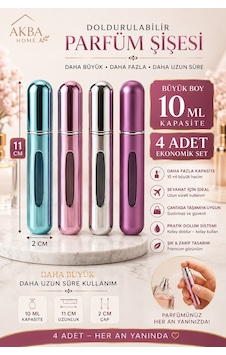 10 Ml Büyük Boy Doldurulabilir Parfüm Şişesi 4 Lü Set Mini Sprey Atomizer Seyahat Tipi 11x2 Cm