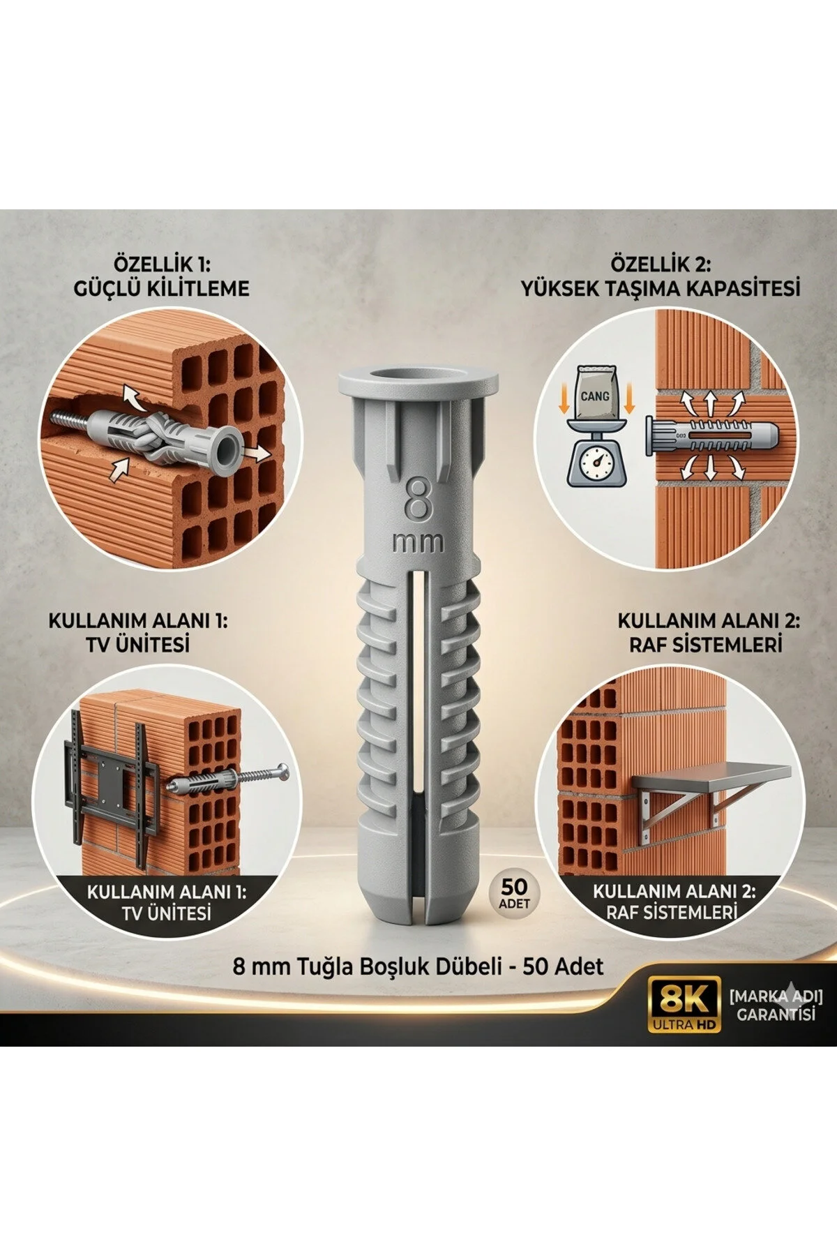Made 8 Mm Tuğla Boşluk Dübeli - Yüksek Tutuşlu Plastik Dübel 50 Adet