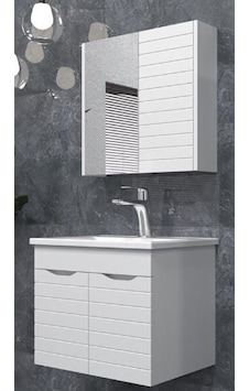 Banyo Dolabı 65 Cm Sonic Ayna Dolaplı Alt Üst Modül Ve Seramik Lavabo Beyaz