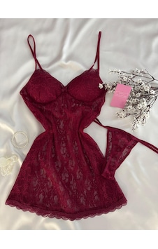Mh Moony Homewears Siyah Beuty Dantel Kaplı Dantel Gecelik Tanga Siyah Gümüş