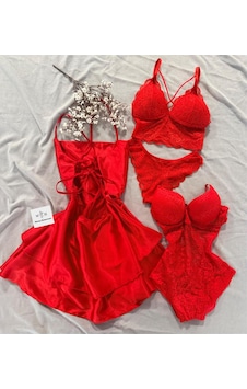 Mh Moony Homewears Salekos Kırmızı 4'lü Saten Gecelik İç Giyim Seti Plus Kırmızı Mh Moony Homewears Salekos Kırmızı 4'lü Saten Gecelik İç Giyim Seti Plus Kırmızı