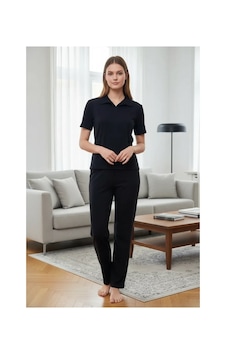 İkikareshop Özel Tasarım Kadın Lacivert Polo Yaka Pijama Takımı %100 Pamuk Çok Renkli İkikareshop Özel Tasarım Kadın Lacivert Polo Yaka Pijama Takımı %100 Pamuk Çok Renkli