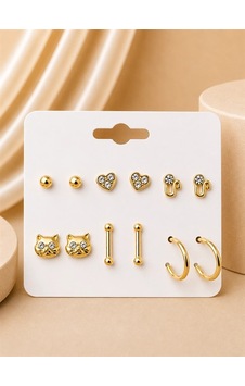 Kedi Çubuk Detaylı Gold Renk 6'lı Küpe Seti