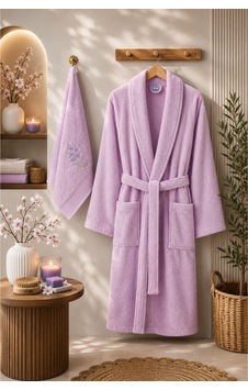 Havlulu Bornoz 2'li Set Bornoz + 50 X 85 Cm Baş Havlusu, Pamuklu, Cepli, Spa Ve Otel Konforu Leylak Havlulu Bornoz 2'li Set Bornoz + 50 X 85 Cm Baş Havlusu, Pamuklu, Cepli, Spa Ve Otel Konforu Leylak