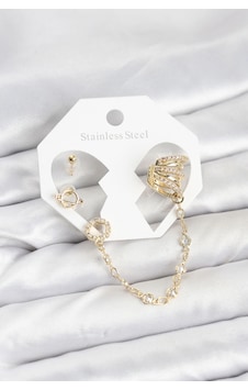 Uzay Model Pirinç Gold Renk Zincir Bağlantılı Ear Cuff Küpe Seti Uzay Model Pirinç Gold Renk Zincir Bağlantılı Ear Cuff Küpe Seti