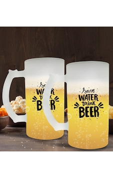 Bk Gift Save Water Drink Beer Tasarımlı 2’li Buzlu Cam Bira Bardağı Bk Gift Save Water Drink Beer Tasarımlı 2’li Buzlu Cam Bira Bardağı