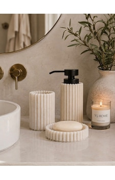 Yş Home - Çizgili Poliserin Banyo Aksesuar Seti 3 Lü Krem Sıvı Sabunluk, Diş Fırçalık Ve Sabunluk Modern Lavabo Dekoru Açık Bej