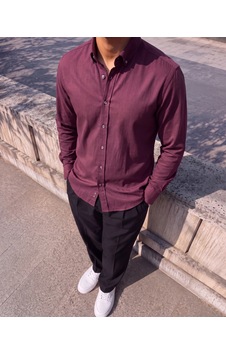 Butik İstanbul Erkek Standart Kesim Gabardin Kumaş Uzun Kollu Gömlek Bordo