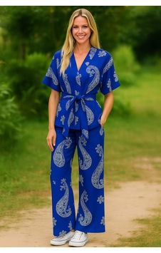 S-mall Keten Kadın Kimono Takım - Desenli Mavi