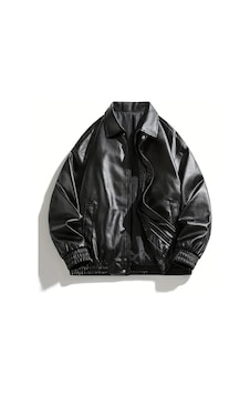 Meecy Kadın Oversize Unisex Bomber Deri Ceket Mont Black Black