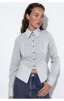 Hiccup Çizgili Peplum Detaylı Bele Oturan Gömlek Açık Gri Hiccup Çizgili Peplum Detaylı Bele Oturan Gömlek Açık Gri
