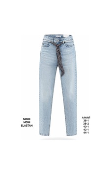 Miss Poem Kadın Açık Mavi Kemer Detaylı Yüksek Bel Mom Fit Jean Pantolon A.mavi