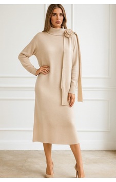 Onno Style Women Triko Atkılı Güllü Elbise Krem