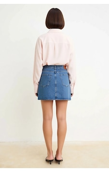 Benerly Kadın Mini Denim Etek Kemer Detaylı %100 Pamuk Rigid Dokuma Beden Mavi