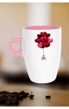 Uçan Kalpler Baskılı Kupa Bardak Porselen Latte Filtre Kahve Fincanı Hediye Pembe