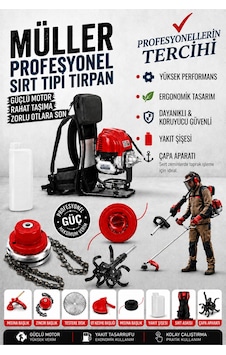 Pro Müller Çelik Piston Quadron-s Benzinli Sırt Tipi Çim Çalı Ot Biçme Tırpan Makinesi Çapa Aparatlı