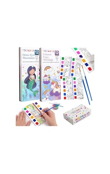 Sulu Boya Defteri Seti 2 Kitap + 2 Fırça - Kendin Yap Kitap Ayracı, Her Sayfada Entegre Boya Paleti - Çocuklar Ve Yetişkinler İçin Hediye Aktivite Seti Deniz Kızı-unicorn