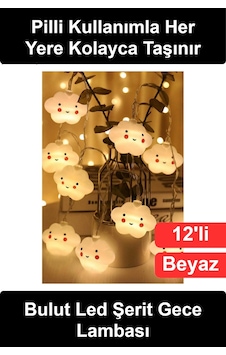 Bulutlamba Bulut Şeklinde Sevimli Gülen Yüzlü 12'li Led Şerit Işık Pilli Gece Lambası Çocuk Bebek O Diğer