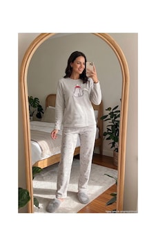 Lela Desenli Yumuşak Dokulu Kışlık Polar Pijama Takımı Kadın Pijama Takımı 6575031 Gri
