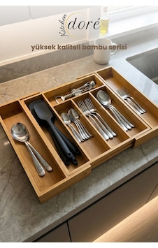 Bambu Kaşıklık Bölmeli Ayarlanabilir Çekmece İçi Kaşıklık Çatallık Ekru