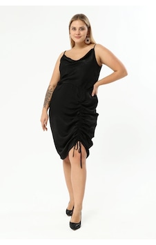 Myline Saten Degaje Yaka Drape Detaylı Elbise-1486 Siyah