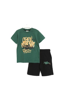 Dobakids Slogan Baskılı Erkek Çocuk Şort T-shirt Takım 4-11 Yaş Yeşil