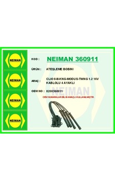 Neıman 360911 Ateşleme Bobini Clıo Iı-ııı-kangoo-modus-twingo 1.2 16v Kablolu 4 Ayaklı 8200360911 - Neıman 360911 Ateşleme Bobini Clıo Iı-ııı-kangoo-modus-twingo 1.2 16v Kablolu 4 Ayaklı 8200360911 -