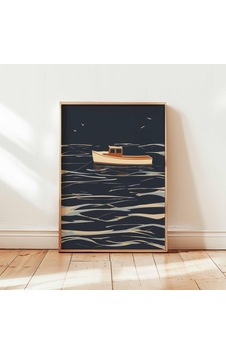 Minimalist Tekne Duvar Sanatı Modern Denizcilik Temalı Okyanus Posteri, Sakin Deniz Baskısı, Kıyı Balıkçı Teknesi İllüstrasyonu, Çerçevesiz Denizcilik Dekorasyonu